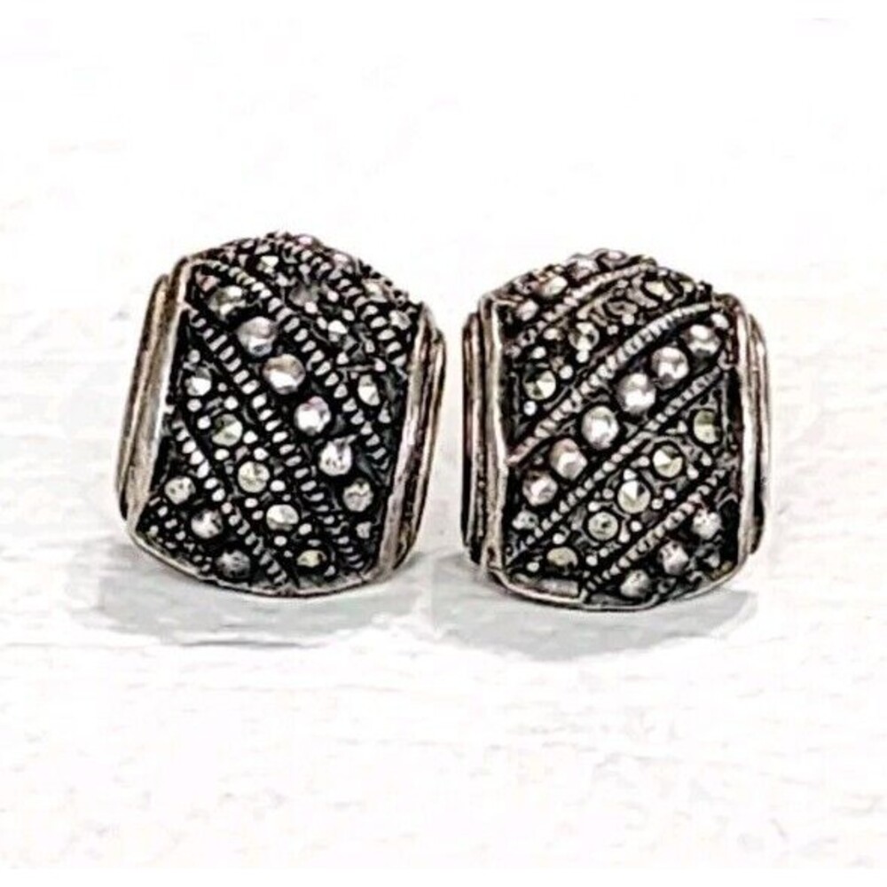 925 Sterling Silver Vintage Marcasite Small Huggie Hoop Ladies Earrings